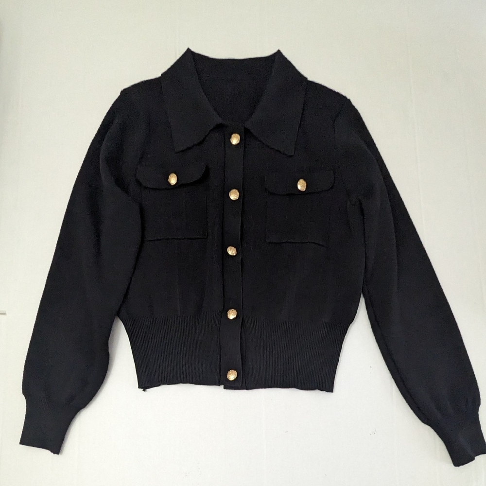 MICAS Women's Collared Cardigan Sweater Black Button Up Long Sleeve Size L NWOT